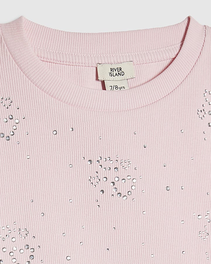 Girls Pink Diamante Heart T-Shirt