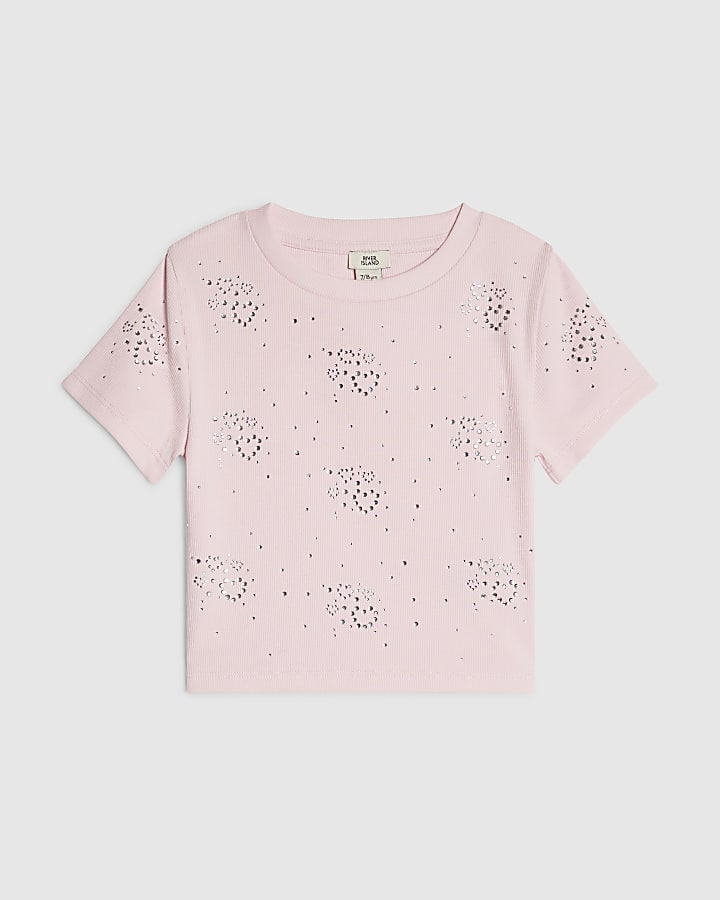 Girls Pink Diamante Heart T-Shirt
