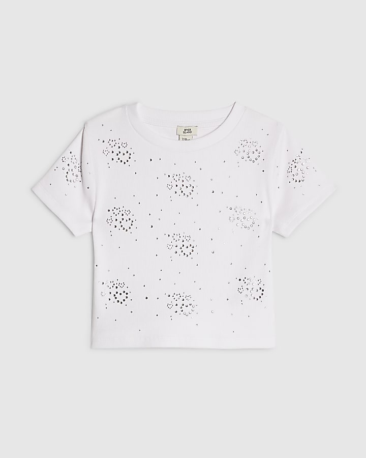 Girls White Diamante Heart T-Shirt