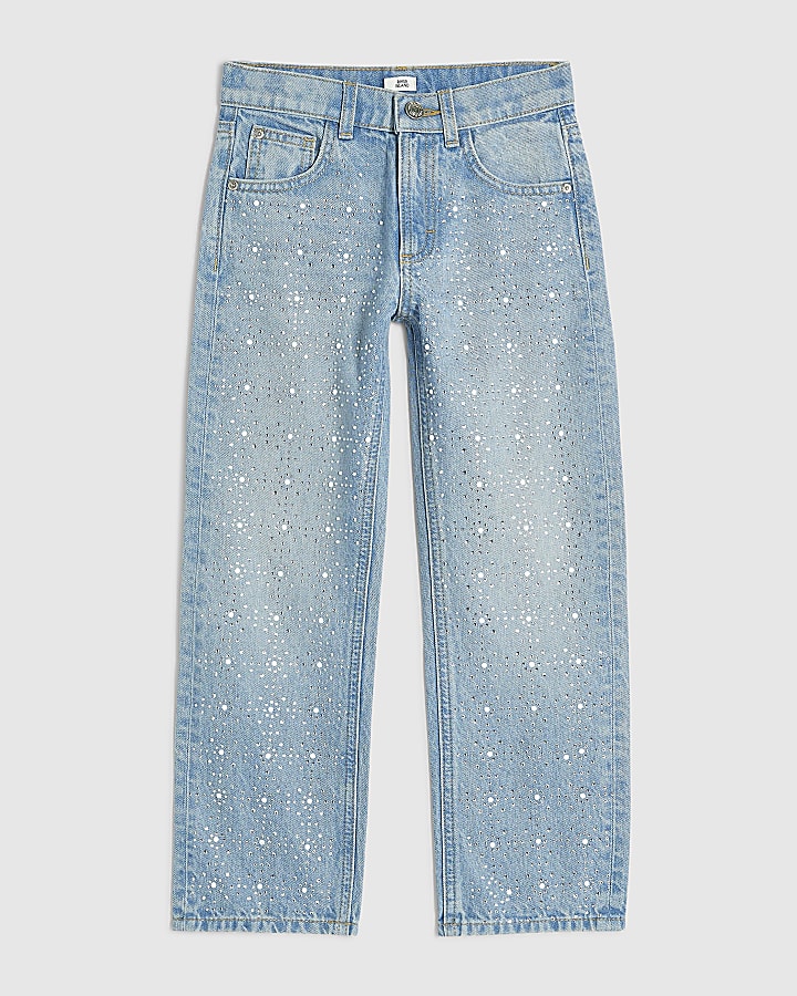 Girls Blue Embellished Straight Leg Jeans