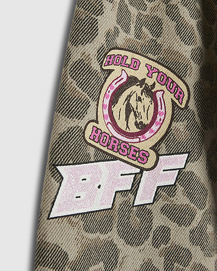 Girls Beige Leopard Print Badged Denim Jacket