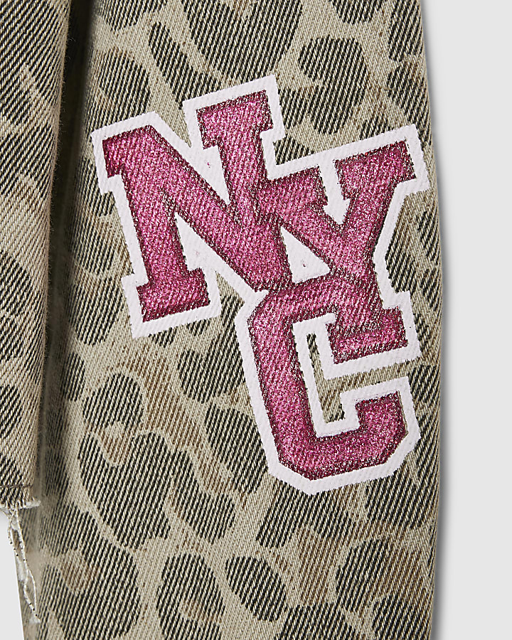 Girls Beige Leopard Print Badged Denim Jacket