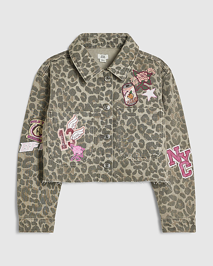 Girls Beige Leopard Print Badged Denim Jacket