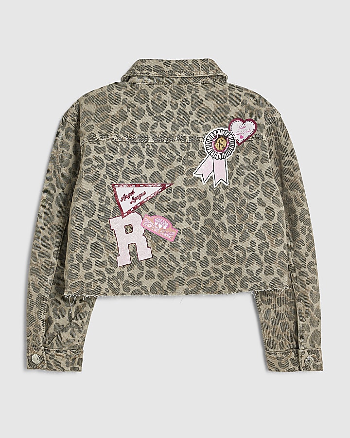Girls Beige Leopard Print Badged Denim Jacket