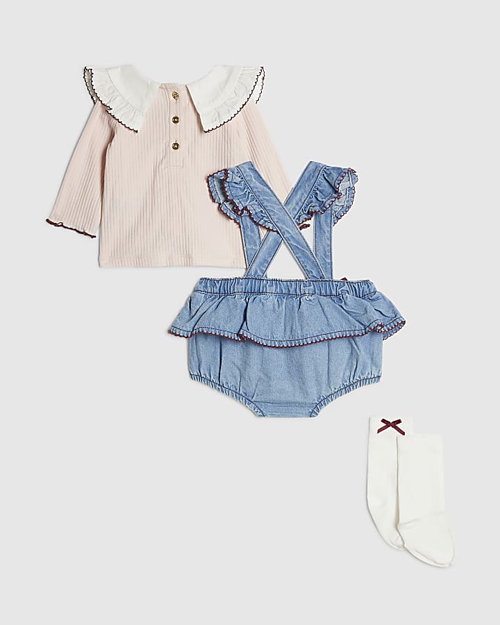 Baby Girls Blue Bow Denim Bloomer 3 Piece Set