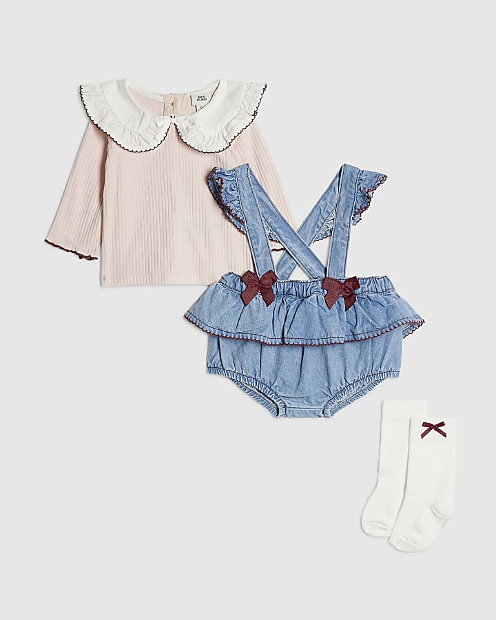Baby Girls Blue Bow Denim Bloomer 3 Piece Set