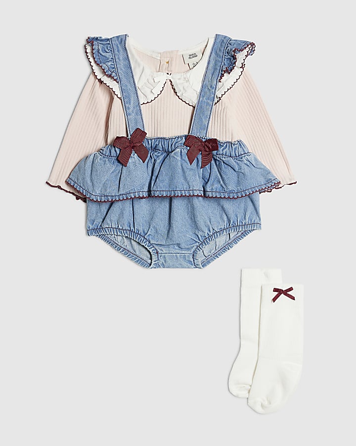 Baby Girls Blue Bow Denim Bloomer 3 Piece Set