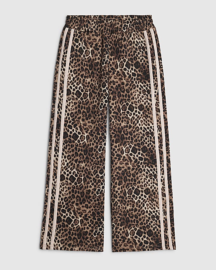 Girls Brown Leopard Wide Leg Joggers
