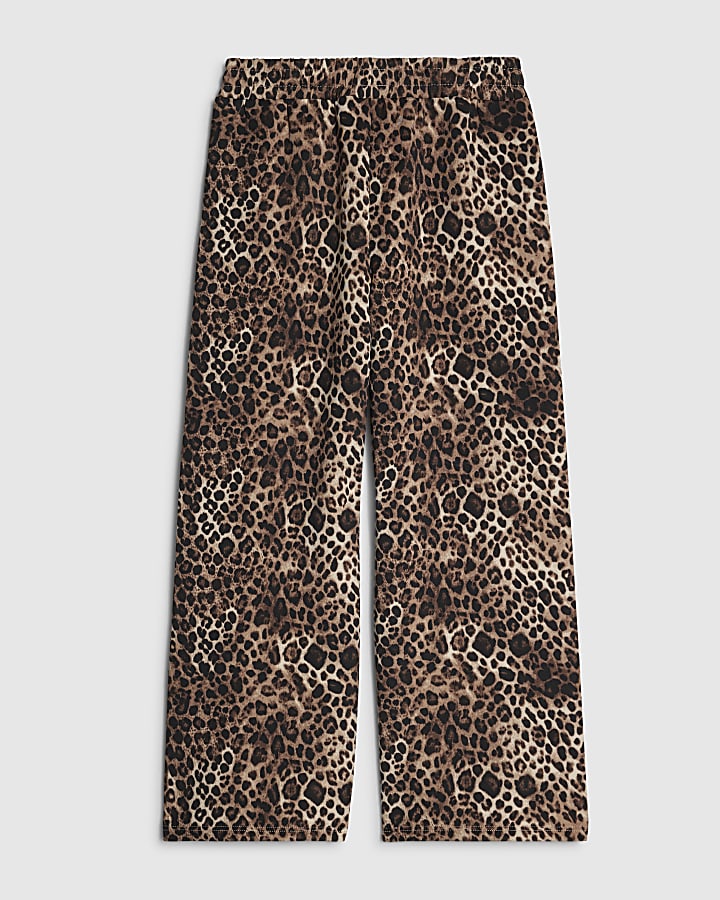 Girls Brown Leopard Wide Leg Joggers