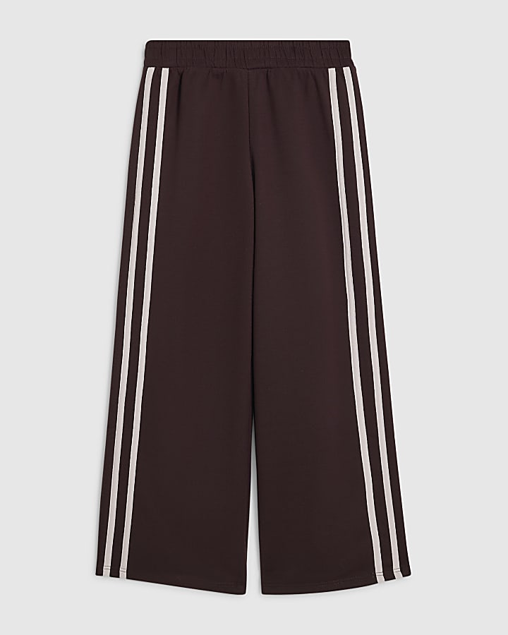 Girls Brown Side Stripe Wide Leg Joggers