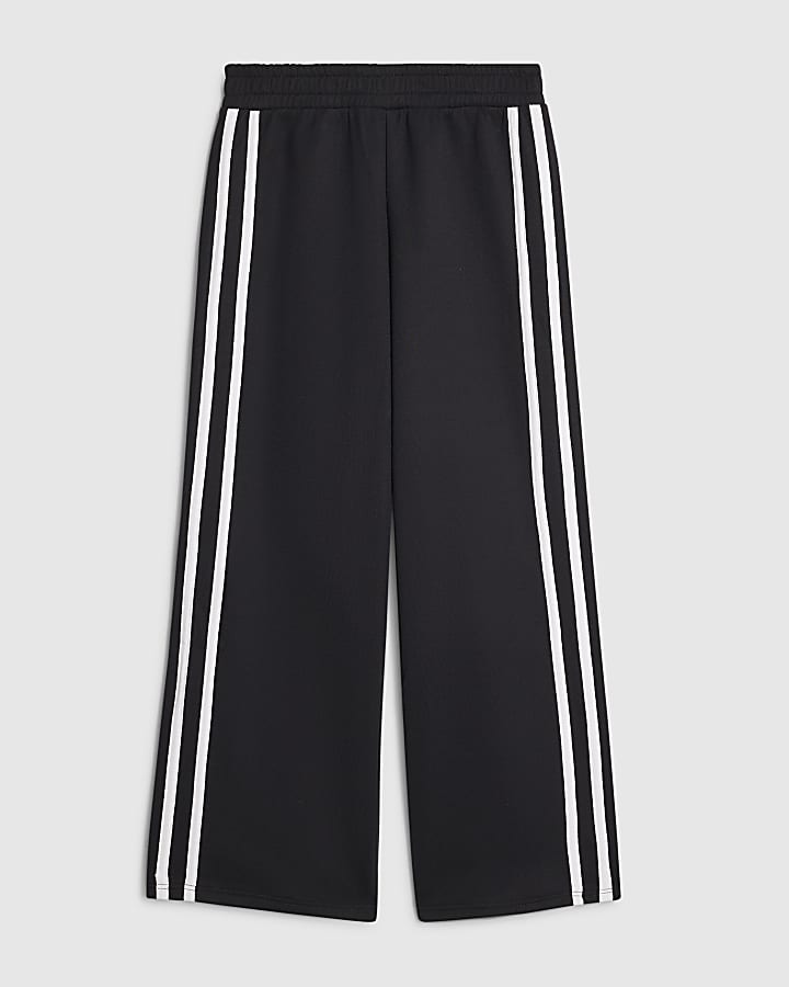 Girls Black Side Stripe Wide Leg Joggers