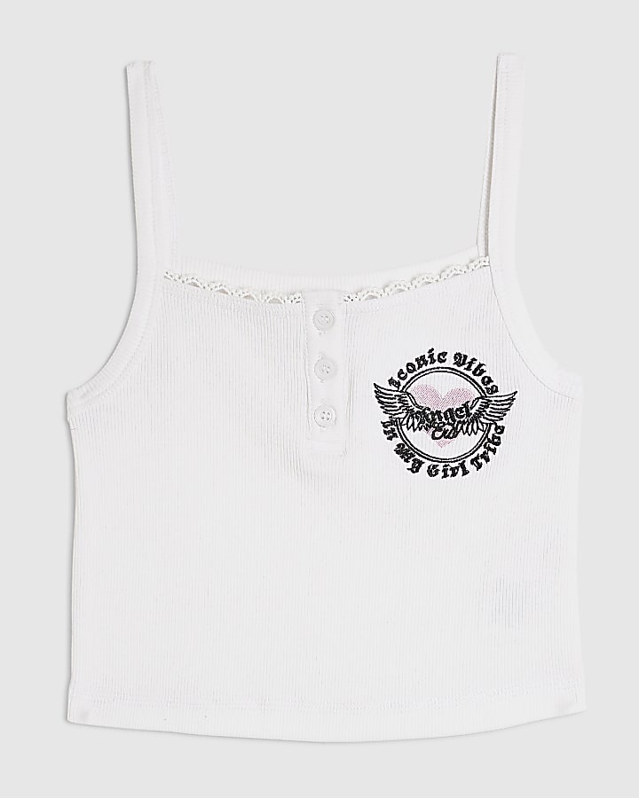 Girls White Lace Button Up Tank Top