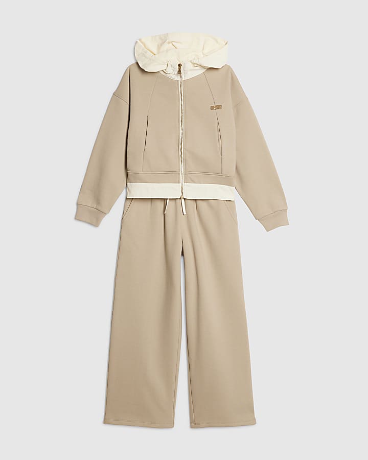 Girls Beige Hybrid Tracksuit Set