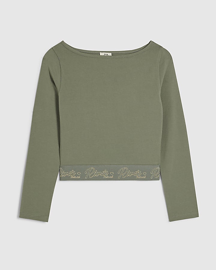 Girls Khaki Boatneck RI Waistband Top