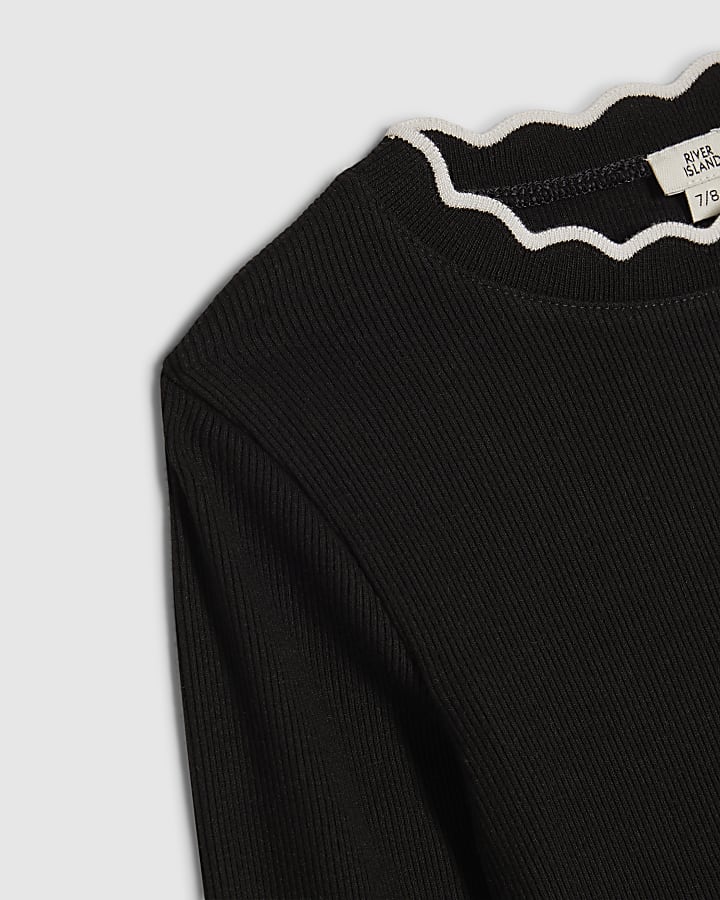 Girls Black Scallop Long Sleeve Top