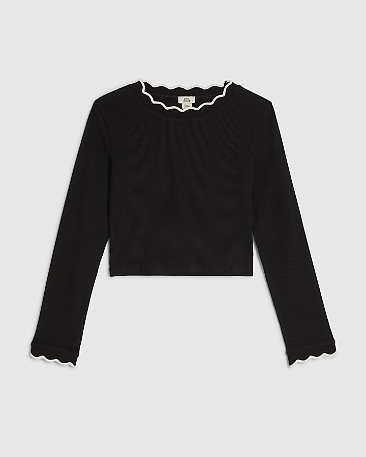 Girls Black Scallop Long Sleeve Top