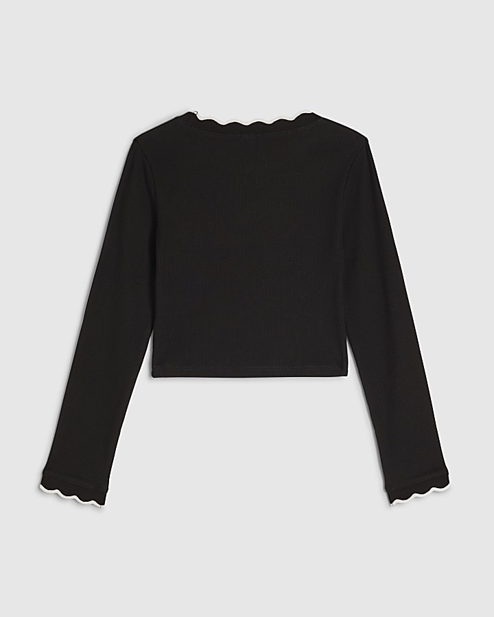 Girls Black Scallop Long Sleeve Top