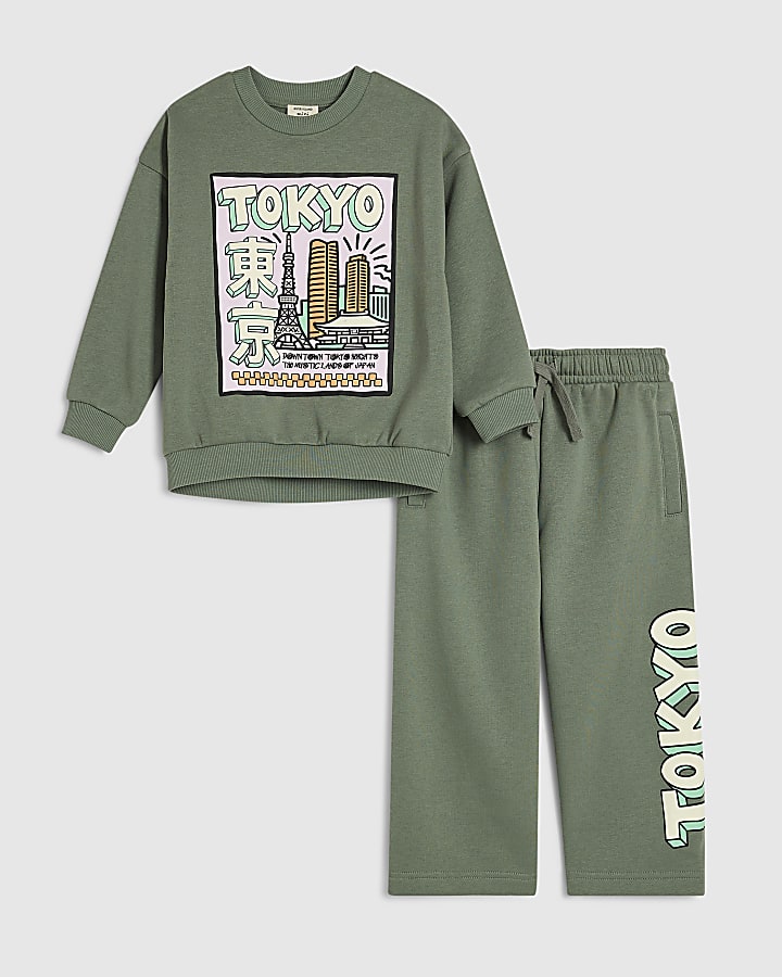 Mini Girls Khaki Tokyo Cartoon Sweatshirt Set
