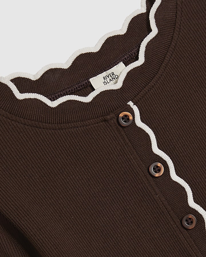 Girls Brown Scallop Button Up Top
