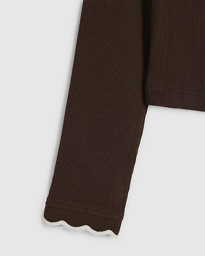 Girls Brown Scallop Button Up Top