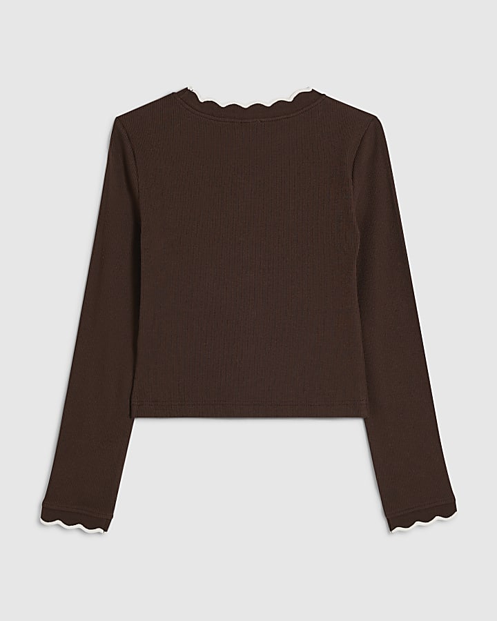 Girls Brown Scallop Button Up Top