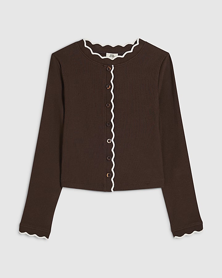 Girls Brown Scallop Button Up Top