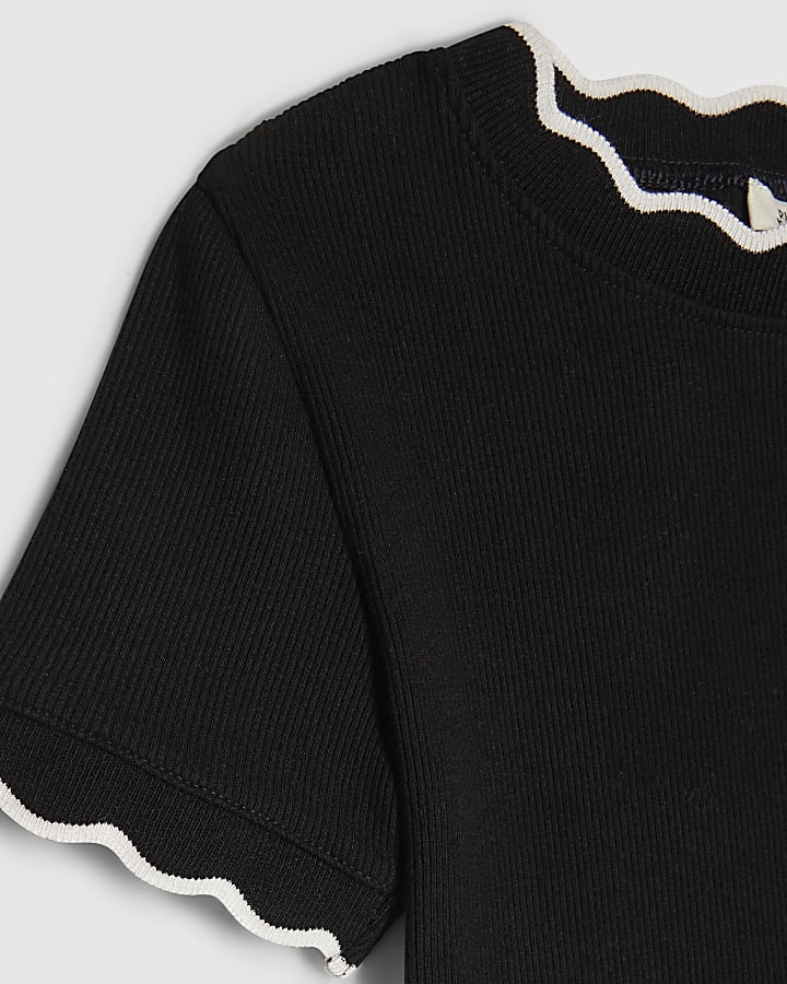 Girls Black Scallop Edge T-Shirt
