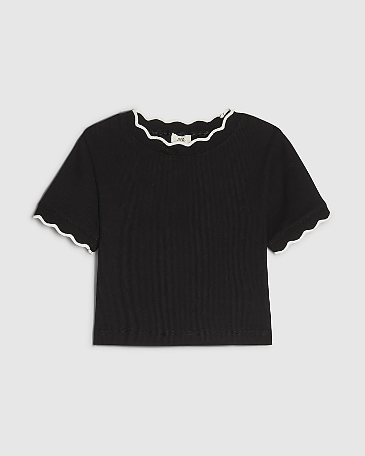 Girls Black Scallop Edge T-Shirt