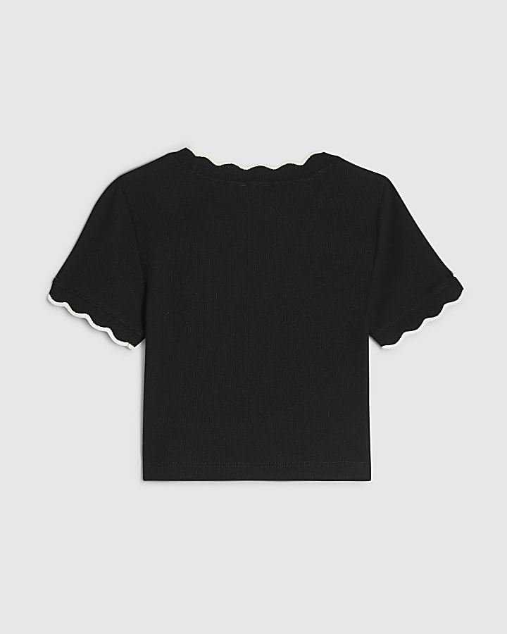 Girls Black Scallop Edge T-Shirt