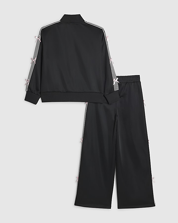 Girls Black Bow Tricot Tracksuit Set