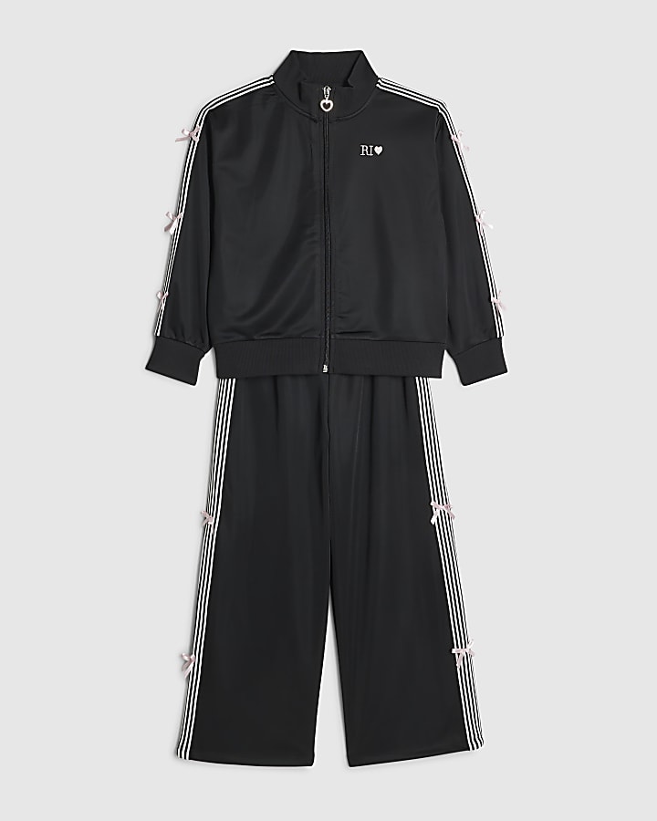 Girls Black Bow Tricot Tracksuit Set
