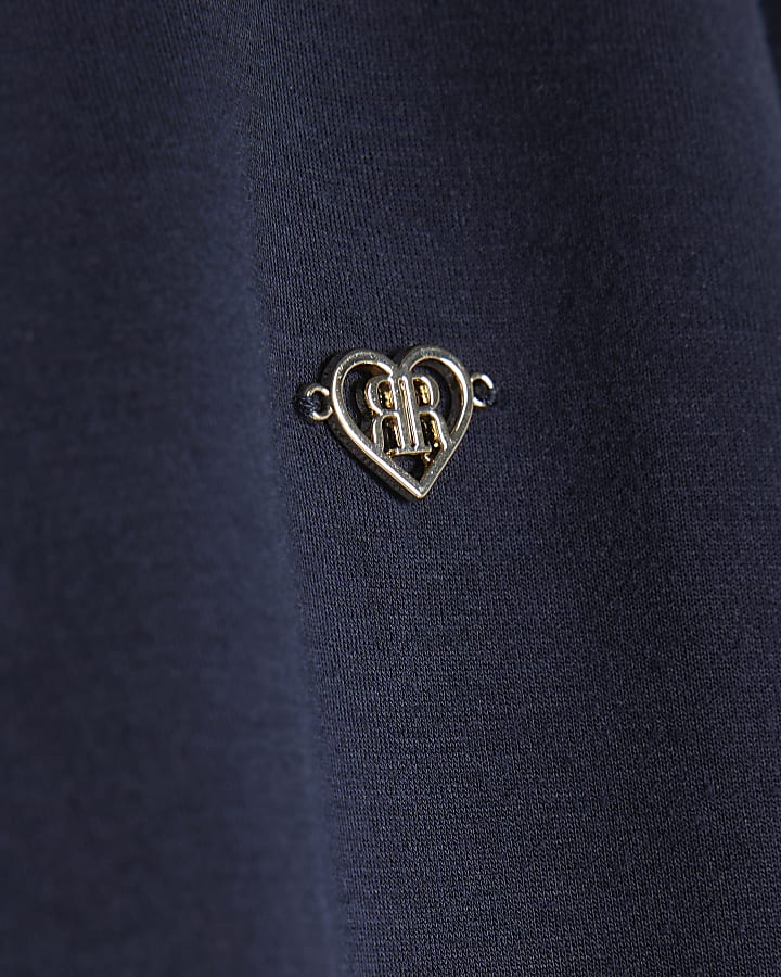 Girls Navy Premium Bubble Hem Zip Up Hoodie