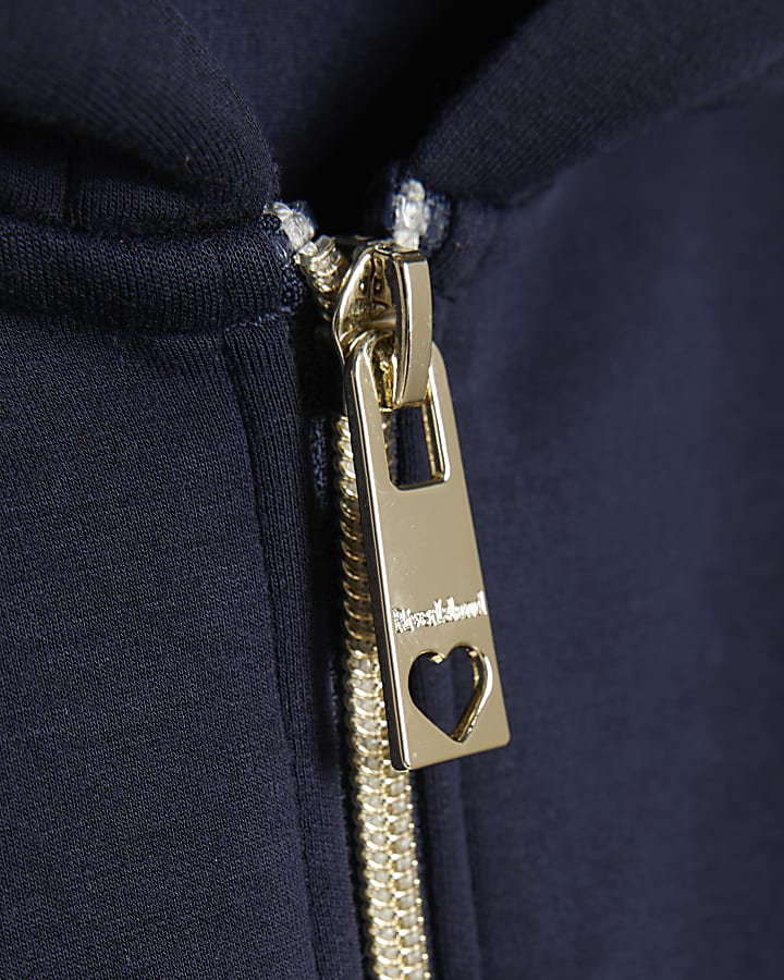 Girls Navy Premium Bubble Hem Zip Up Hoodie