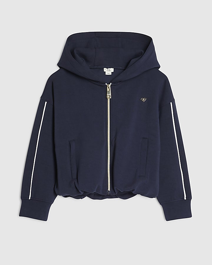 Girls Navy Premium Bubble Hem Zip Up Hoodie