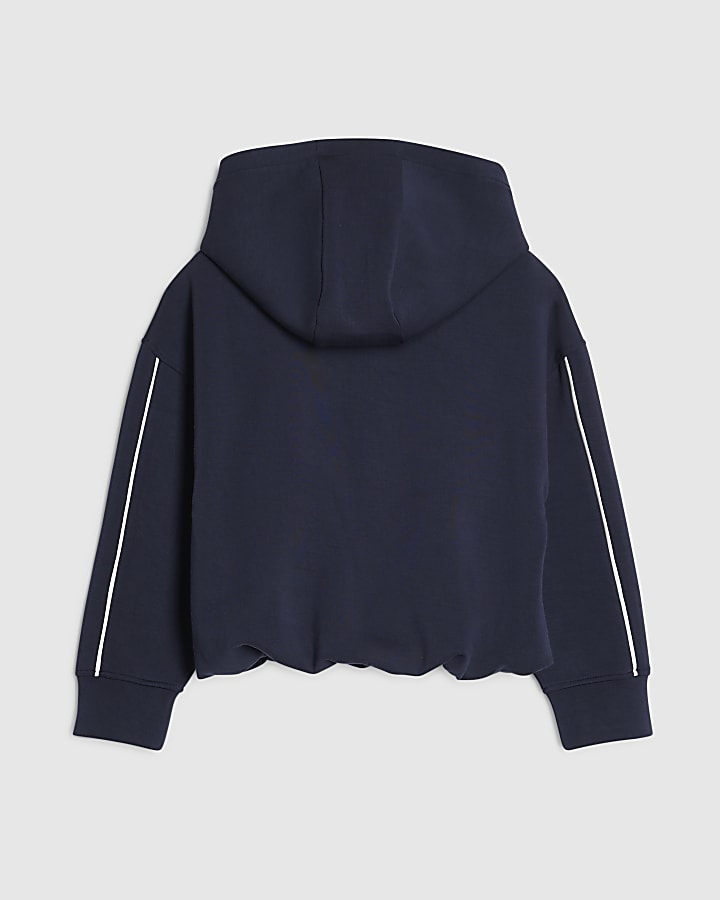 Girls Navy Premium Bubble Hem Zip Up Hoodie