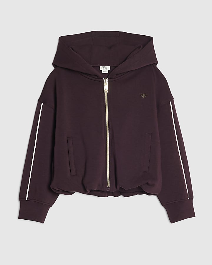 Girls Purple Premium Bubble Hem Zip Up Hoodie