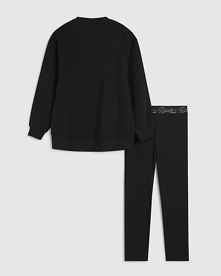 Girls Black Front Split Sweatshirt Set
