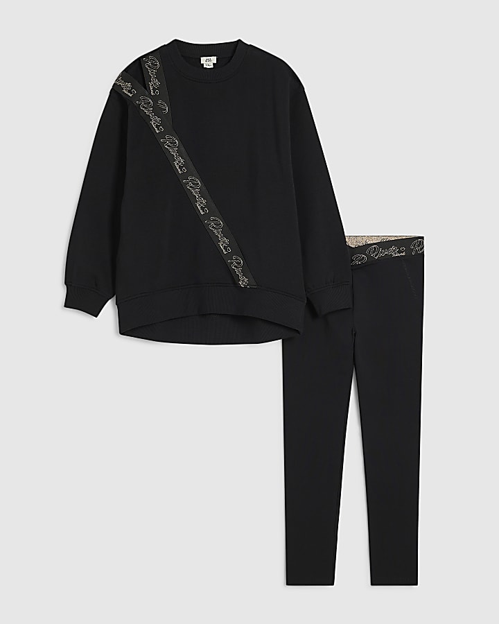 Girls Black Front Split Sweatshirt Set