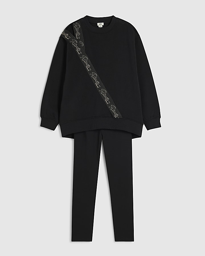 Girls Black Front Split Sweatshirt Set