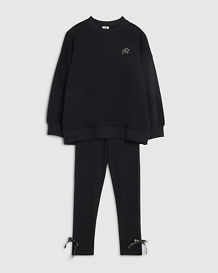 Girls Black Bow Back Sweatshirt Set