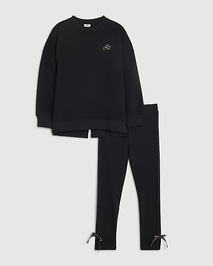 Girls Black Bow Back Sweatshirt Set