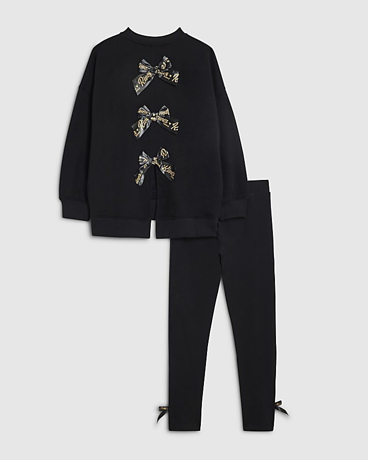 Girls Black Bow Back Sweatshirt Set