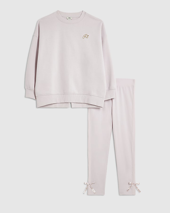 Girls Pink Bow Back Detail Sweatshirt Set
