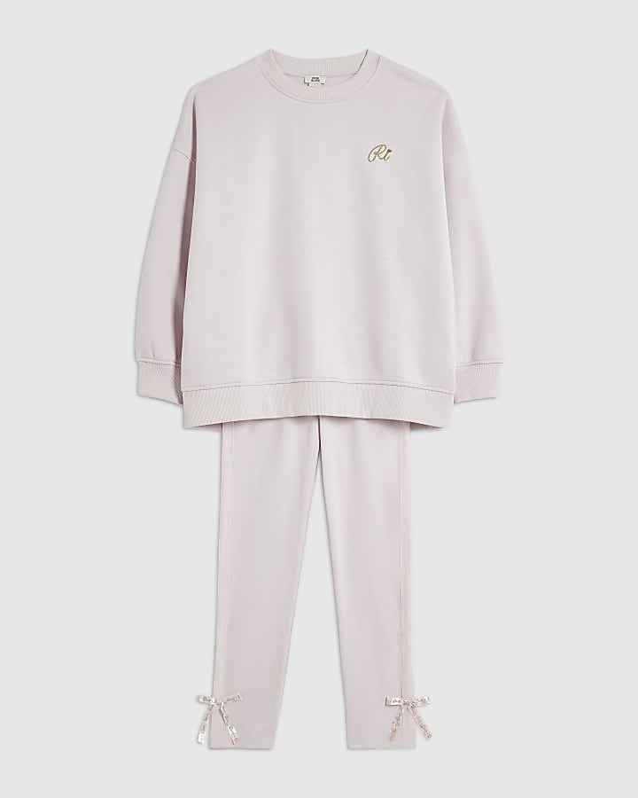 Girls Pink Bow Back Detail Sweatshirt Set