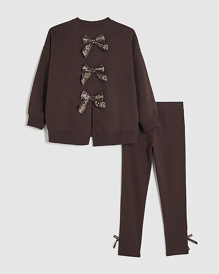 Girls Brown Bow Back Detail Sweatshirt Set