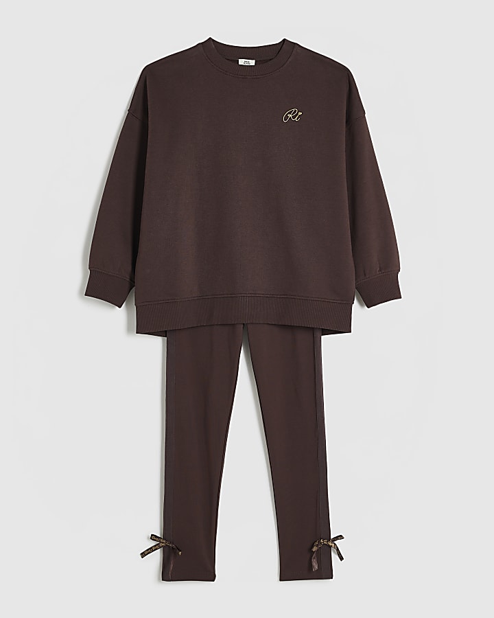 Girls Brown Bow Back Detail Sweatshirt Set