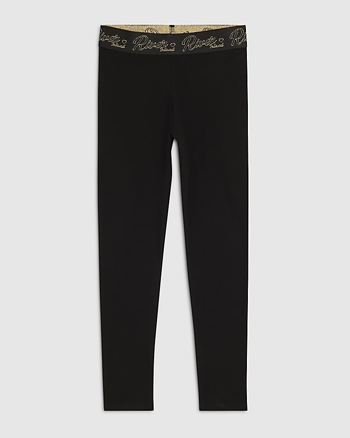 Girls Black RI Scripty Waistband Leggings