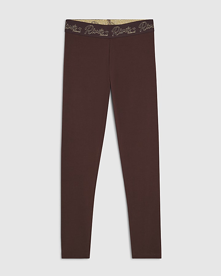 Girls Brown Script Waistband Leggings