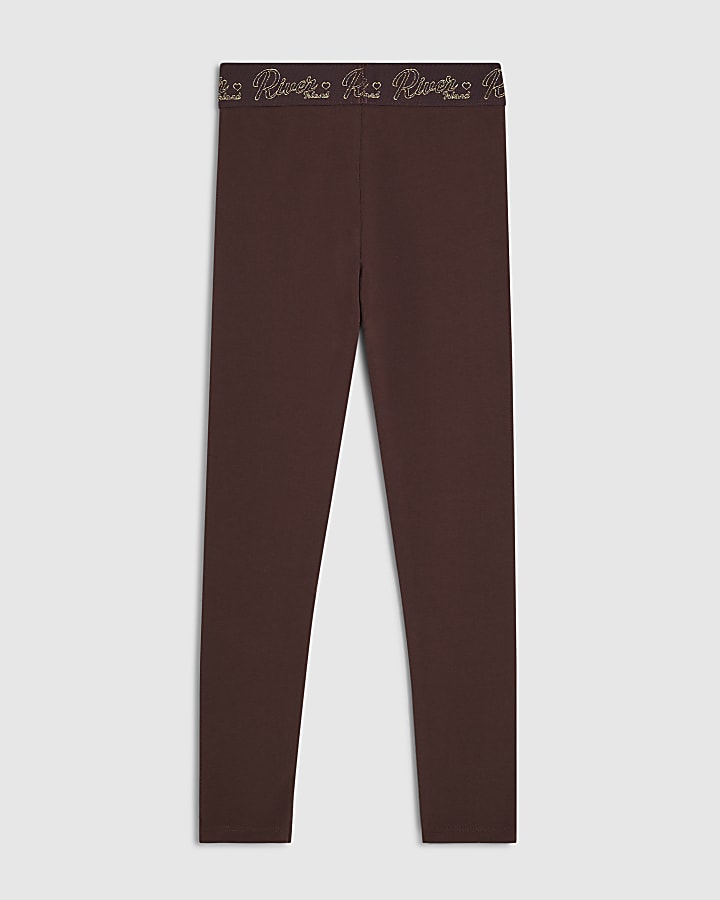 Girls Brown Script Waistband Leggings
