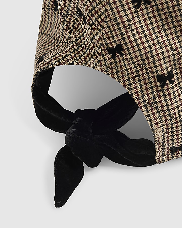 Girls Brown Bow Check Tie Back Cap